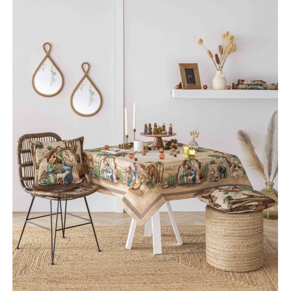 Jacquard tablecloth with Adoration. HOLY FAMILY