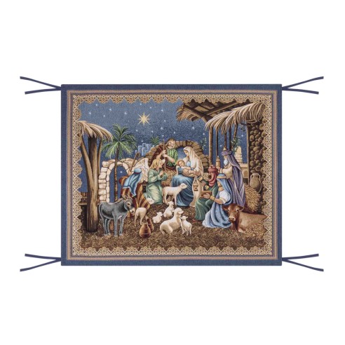 Jacquard balcony hanging with the Adoration of the Magi to Baby Jesus with blue background and golden details. HOLY FAMILY