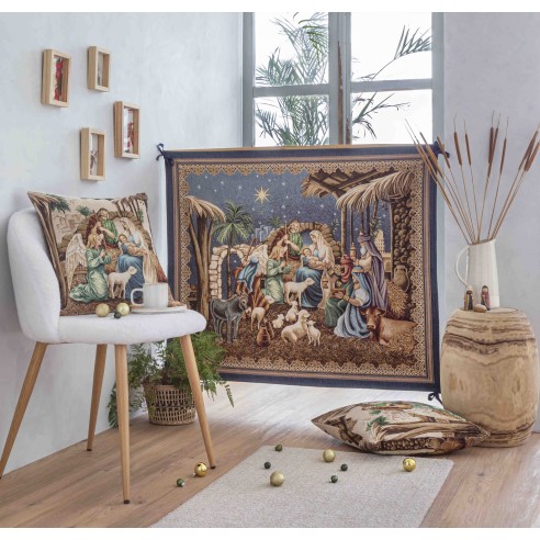 Jacquard balcony hanging with the Adoration of the Magi to Baby Jesus with blue background and golden details. HOLY FAMILY