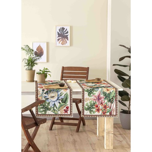 Jacquard table runner with flower beige background. 40x135 LOTUS