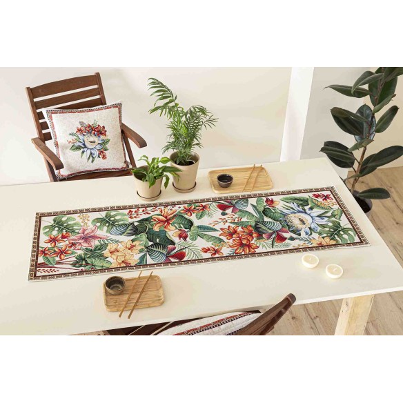 Camino de mesa de tejido Jacquard con flor fondo beig. 40x135 LOTUS