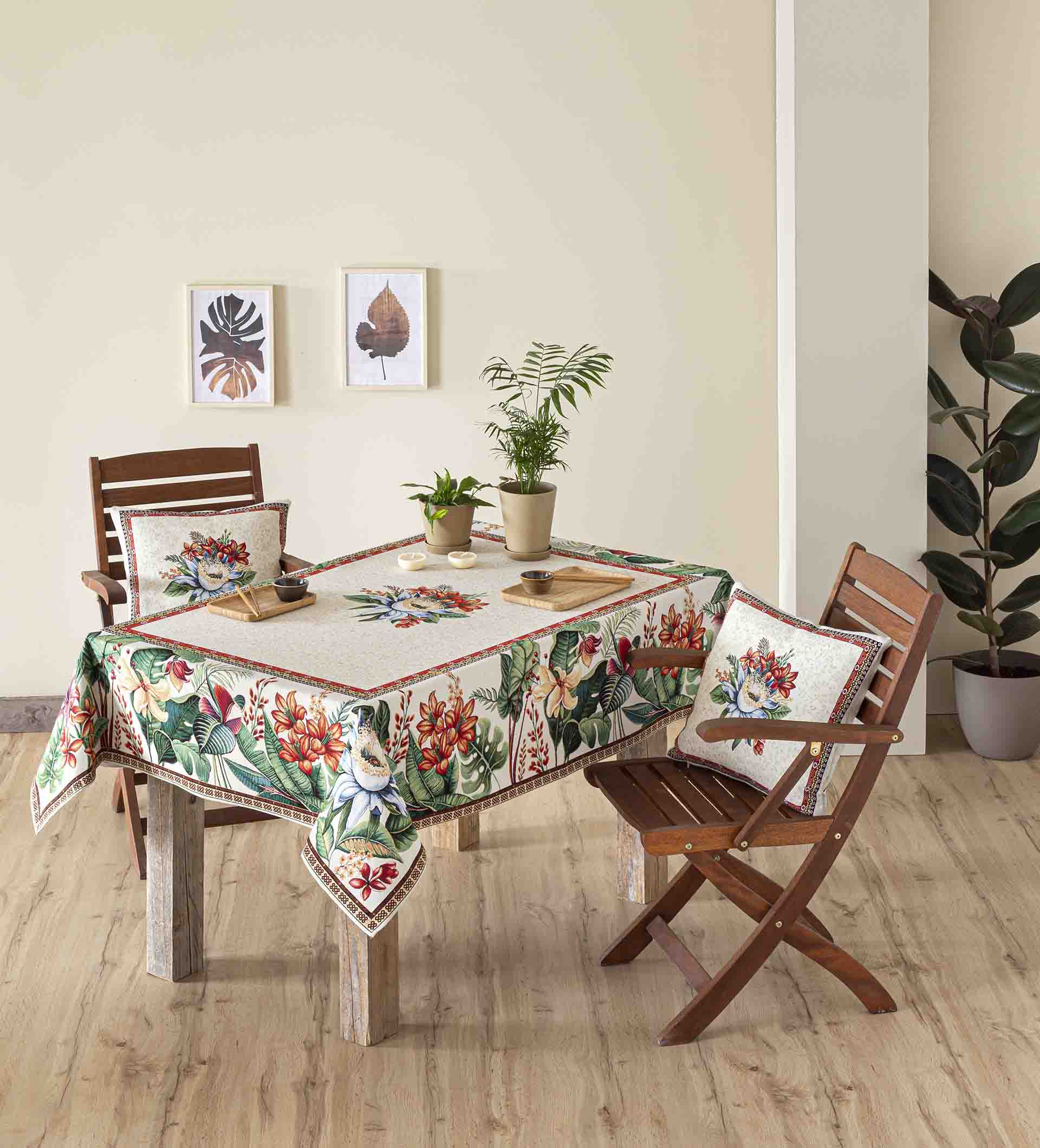Jacquard tablecloth with flower beige background LOTUS