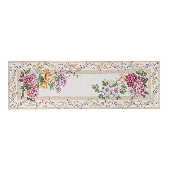 Camino de mesa de tejido Jacquard con flores y fondo beig. 40x135 Xana.