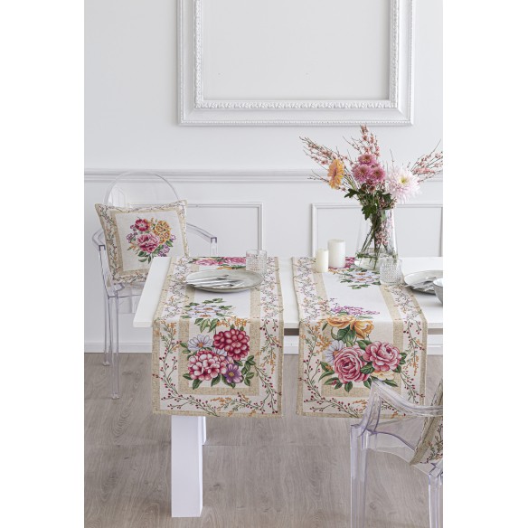 Camino de mesa de tejido Jacquard con flores y fondo beig. 40x135 Xana.