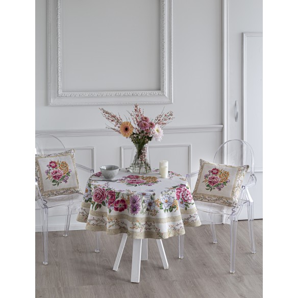 Jacquard tablecloth with flowers and beige background Xana