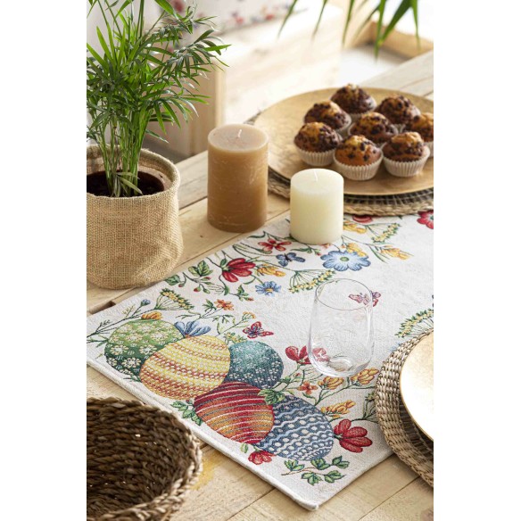 Camino de mesa de tejido jacquard con conejo y huevos de pascua. 40x135 EGGS