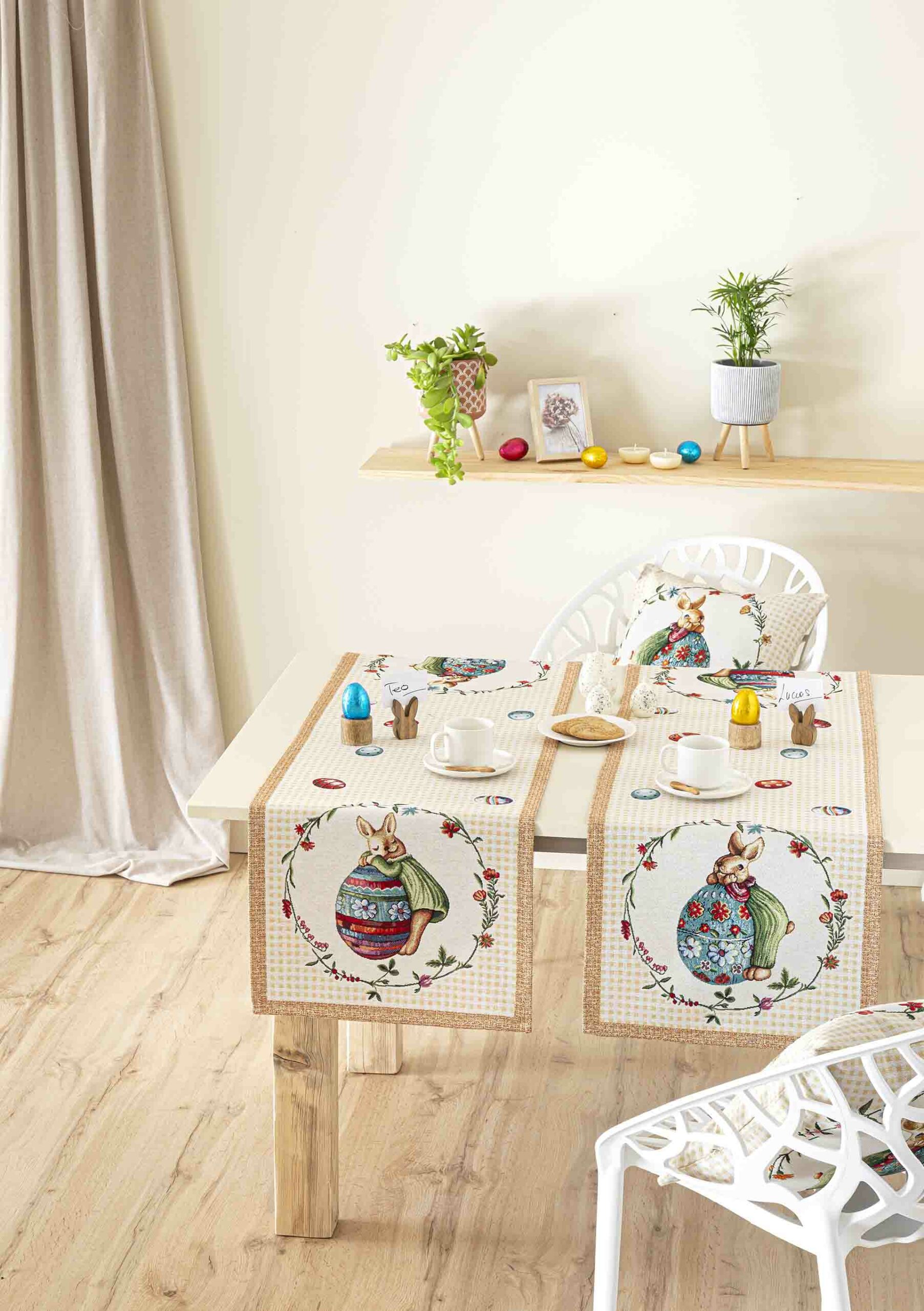 Jacquard table runner with rabbits and Easter eggs. 40x135 HOP