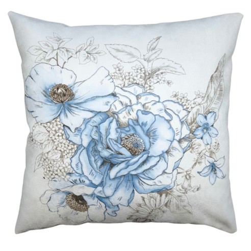 Printed cushion with blue flowers and feather-drawn leaves 45x45 LILY C.3