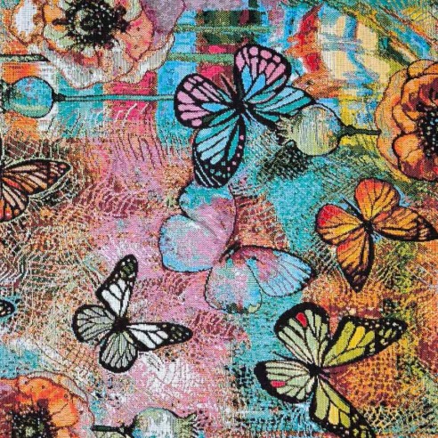 Jacquard fabric AQUAMARINA with multicolored butterflies and blue background. Width 140