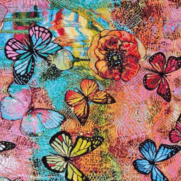 Jacquard fabric AQUAMARINA with multicolored butterflies and blue background. Width 140