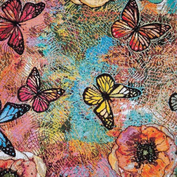 Jacquard fabric AQUAMARINA with multicolored butterflies and blue background. Width 140