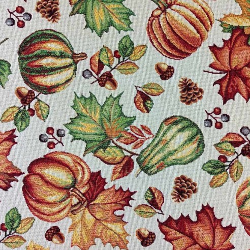 Tejido Jacquard AUTUM con hojas y calabazas otoñales. Ancho 140