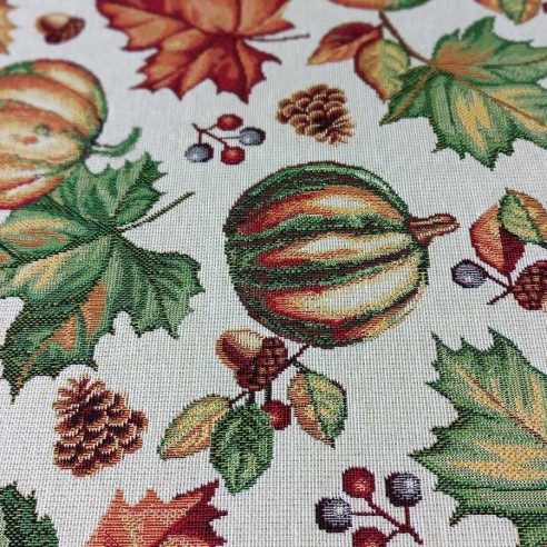 Tejido Jacquard AUTUM con hojas y calabazas otoñales. Ancho 140
