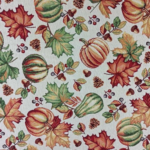 AUTUM jacquard fabric with autumn leaves and pumpkins design. Width 140 cm.