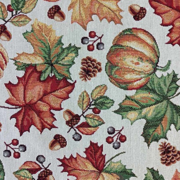 Tejido Jacquard AUTUM con hojas y calabazas otoñales. Ancho 140