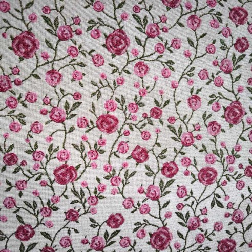 WINS jacquard fabric with pink flowers and green leaves. Width: 140 cm