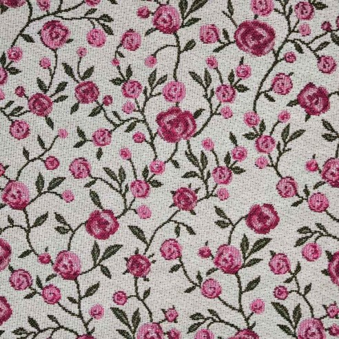 WINS jacquard fabric with pink flowers and green leaves. Width: 140 cm