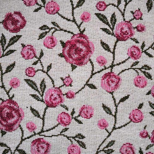 WINS jacquard fabric with pink flowers and green leaves. Width: 140 cm