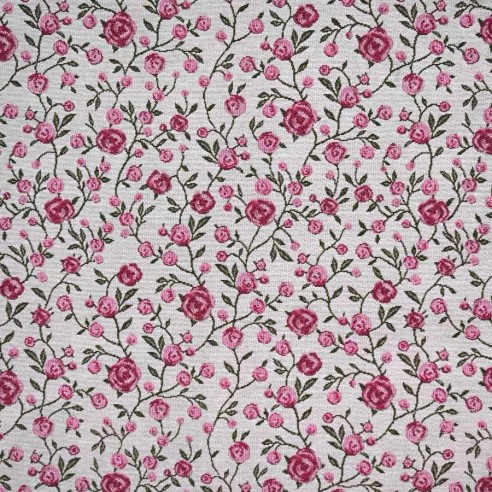 WINS jacquard fabric with pink flowers and green leaves. Width: 140 cm