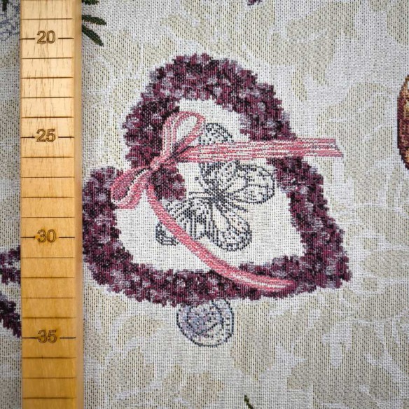 LAVANDER jacquard fabric with lavender flowers, vases, and purple hearts. Width: 140 cm