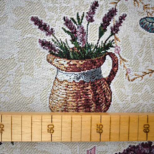 LAVANDER jacquard fabric with lavender flowers, vases, and purple hearts. Width: 140 cm