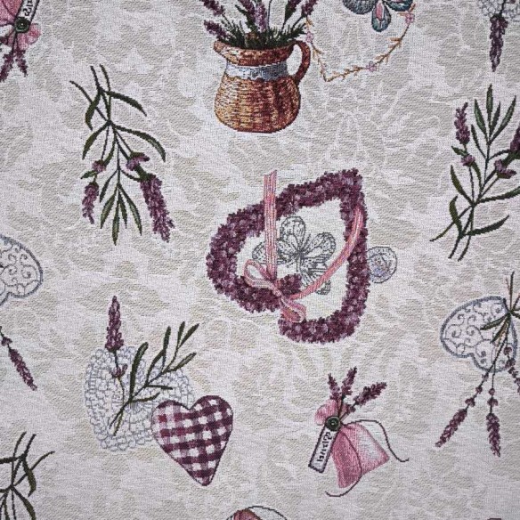 Tejido Jacquard LAVANDER con flores de lavanda jarrones y corazones morados. Ancho 140
