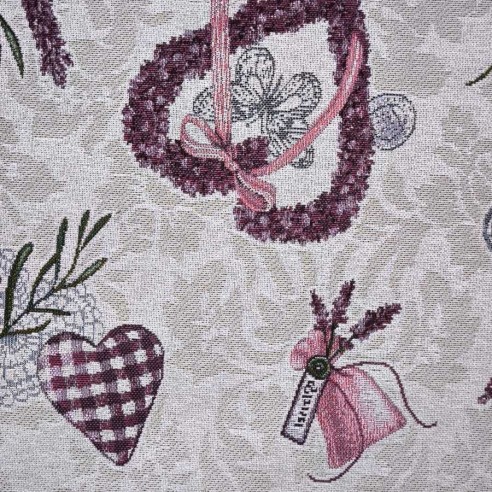 LAVANDER jacquard fabric with lavender flowers, vases, and purple hearts. Width: 140 cm