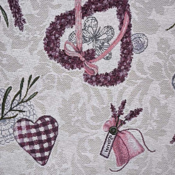 Tejido Jacquard LAVANDER con flores de lavanda jarrones y corazones morados. Ancho 140