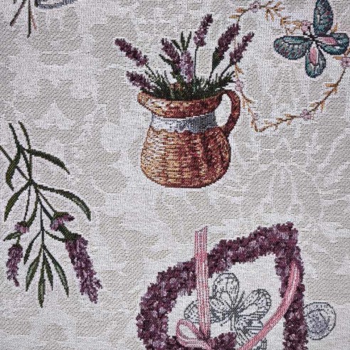 Tejido Jacquard LAVANDER con flores de lavanda jarrones y corazones morados. Ancho 140