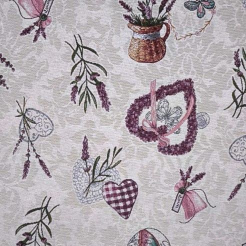 LAVANDER jacquard fabric with lavender flowers, vases, and purple hearts. Width: 140 cm