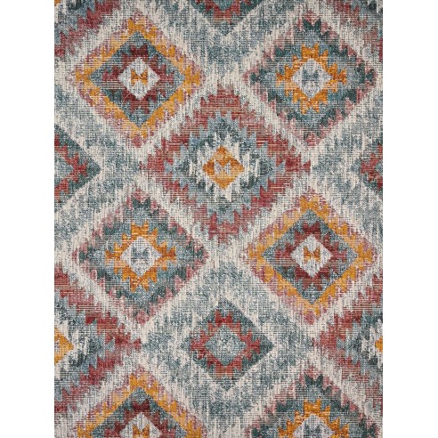 Tejido Jacquard LOSANGO Ikat con motivos geometricos rojos verdes y amarillos. Ancho 140