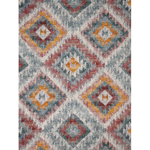 Jacquard LOSANGO Ikat fabric with geometric motifs in red, green and yellow. Width 140 cm.
