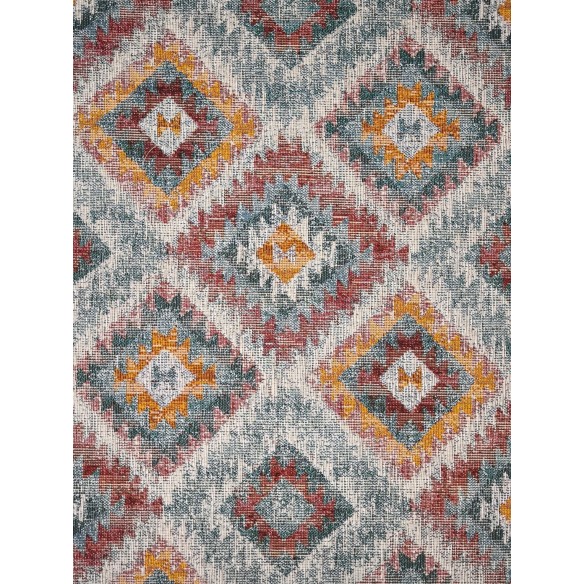 Tejido Jacquard LOSANGO Ikat con motivos geometricos rojos verdes y amarillos. Ancho 140