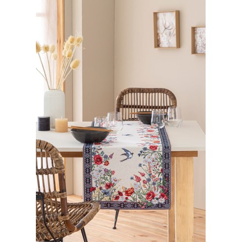 Jacquard table runner with flowers and swallows. 40x135 CHAMOMILLE