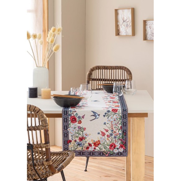 Camino de mesa de tejido jacquard  con flores y golondrinas. 40x135 CHAMOMILLE