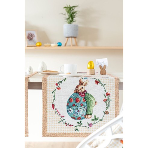 Camino de mesa de tejido jacquard con conejos y huevos de pascua. 40x135 HOP