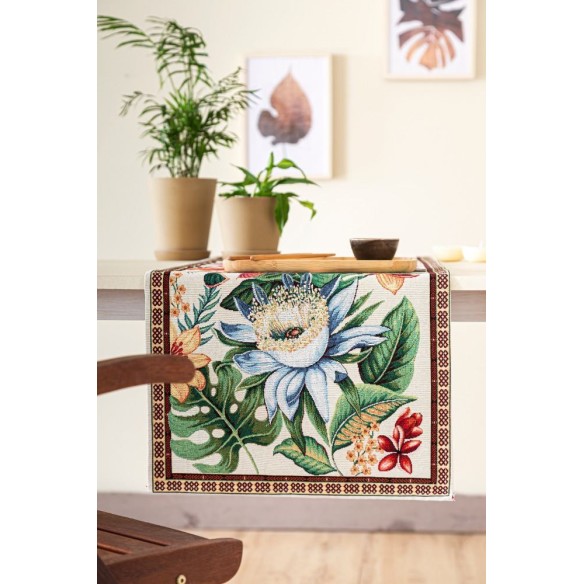 Camino de mesa de tejido Jacquard con flor fondo beig. 40x135 LOTUS