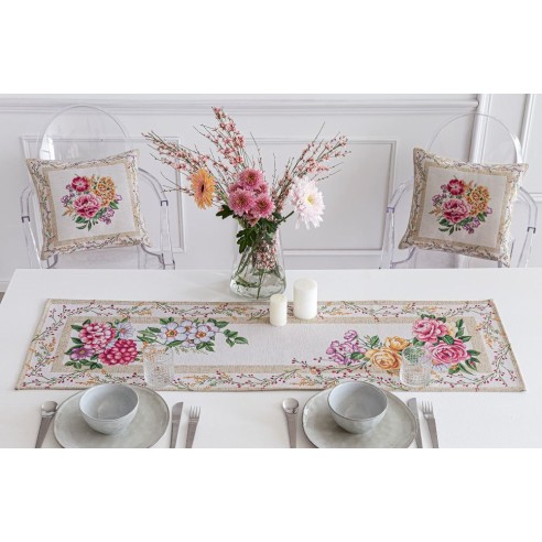 Camino de mesa de tejido Jacquard con flores y fondo beig. 40x135 Xana.