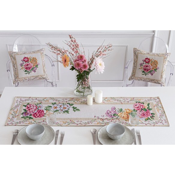 Jacquard table runner with flowers and beige background. 40x135 XANA