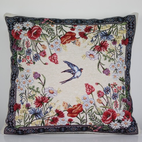 Jacquard cushion with flowers and swallow 45x45 CHAMOMILLE