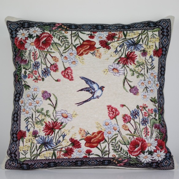 Jacquard cushion with flowers and swallow 45x45 CHAMOMILLE