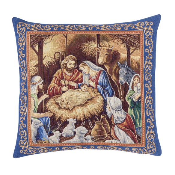 Jacquard cushion with Nativity and shepherds on blue background. 45x45 NATIVIDAD C.21