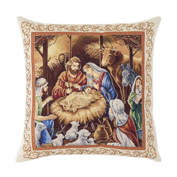 Cojin Jacquard con nacimiento y pastores con fondo beige. 45x45 NATIVIDAD C.41