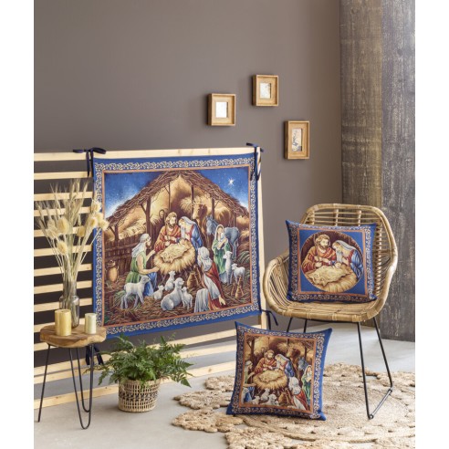 Jacquard balcony hanging with the Adoration of Jesus on a blue background NATIVITY