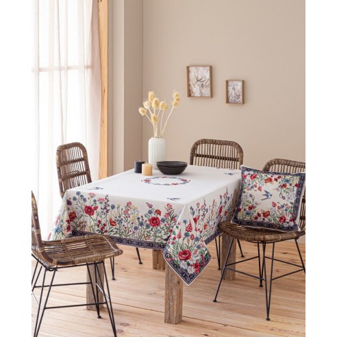 Jacquard tablecloth with flowers and swallows CHAMOMILLE