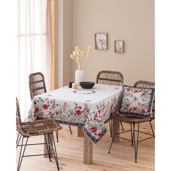 Jacquard tablecloth with flowers and swallows CHAMOMILLE