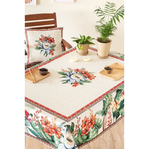 Jacquard tablecloth with flower beige background LOTUS