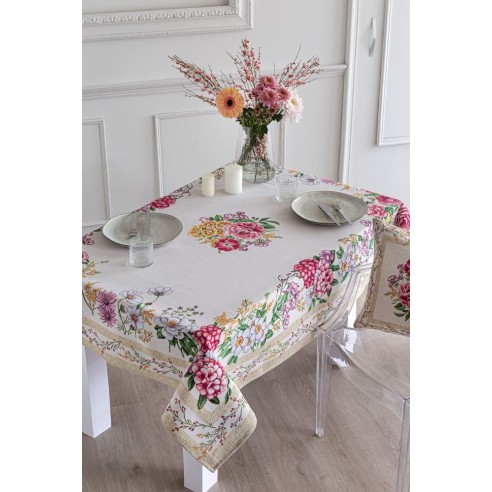 Mantel de mesa de tejido Jacquard con flores y fondo beig Xana.