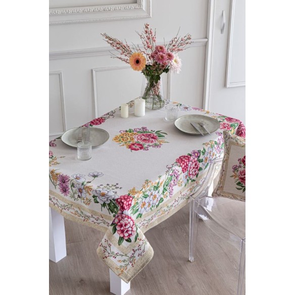 Jacquard tablecloth with flowers and beige background Xana