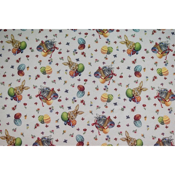 Jacquard fabric with rabbits, Easter eggs, and small background flowers. Width 140. EGGS
